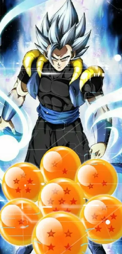 Epic anime warrior with blue energy and orange orbs.