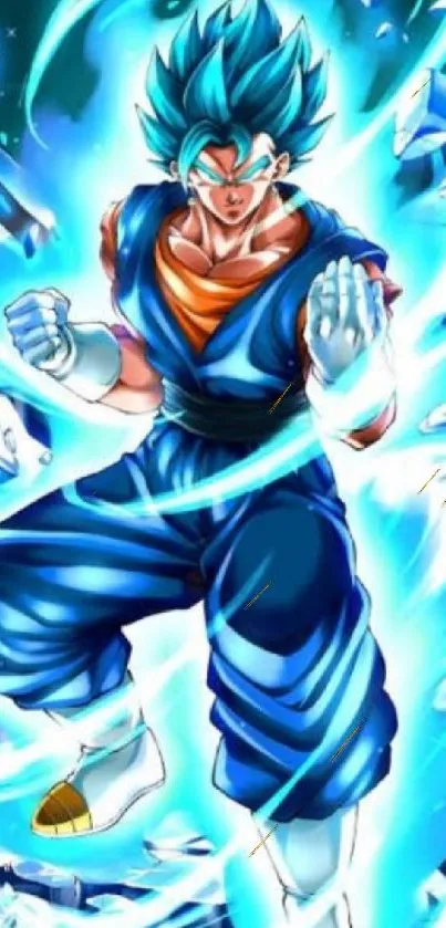 Anime warrior surrounded by a blue aura with dynamic energy.