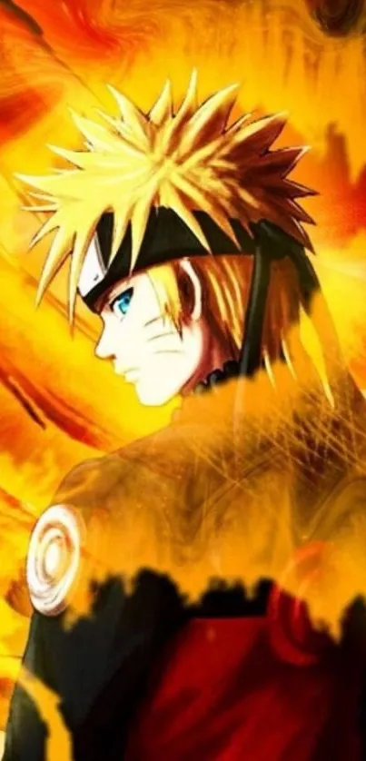 Anime warrior with fiery orange background on mobile wallpaper.