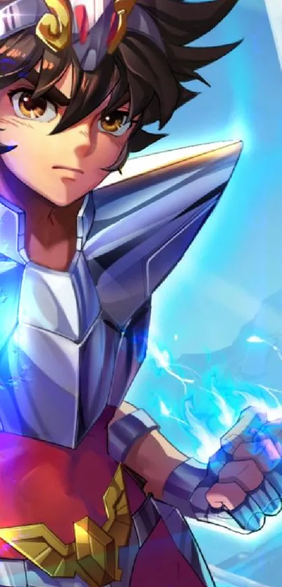 Anime warrior with blue aura and armor on mobile wallpaper.