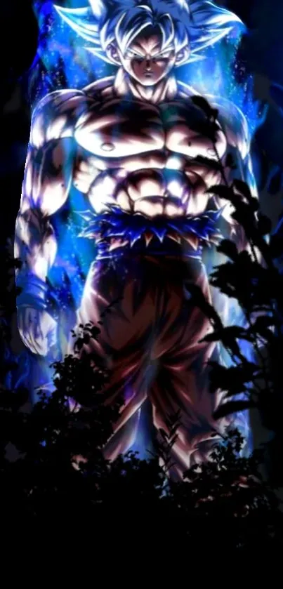 Epic anime warrior in blue aura wallpaper.