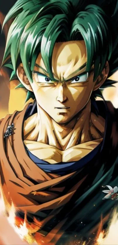 Anime warrior with green hair and intense expression in fiery background.