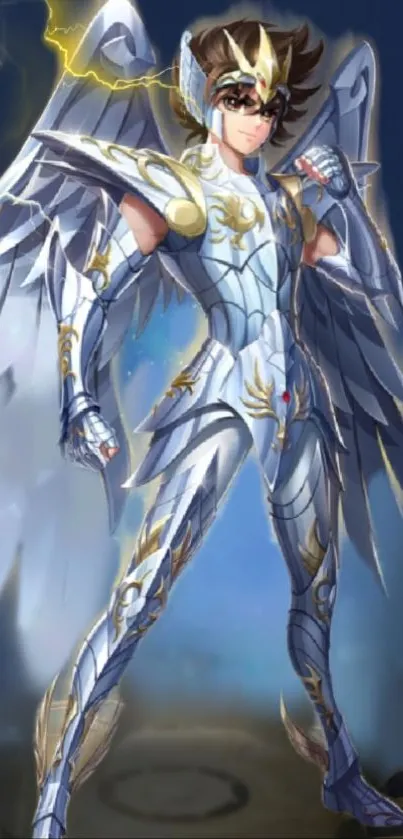 Epic anime warrior in shining armor with wings and lightning in the background.