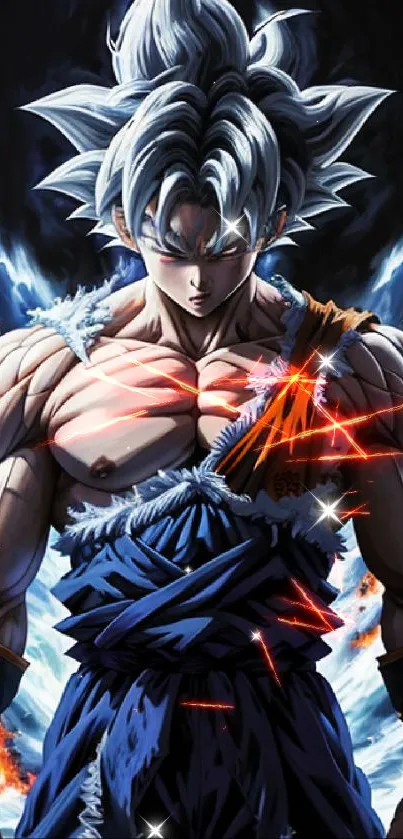 Anime warrior with fiery aura in dynamic pose, vibrant blue theme.