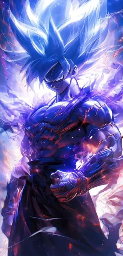 Powerful anime warrior with neon energy and blue aura.