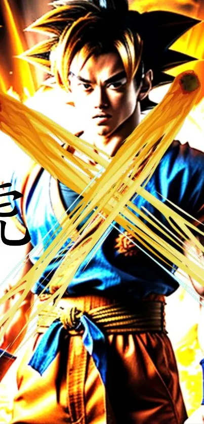 Epic anime warrior with a fiery aura and vibrant colors in dynamic pose.