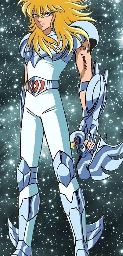 Anime warrior with cosmic armor in a starry background.