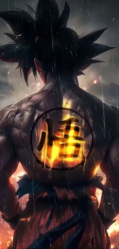 Epic anime warrior in fiery rain with glowing emblem on back.