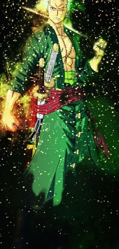 Anime warrior with green aura and starry backdrop.