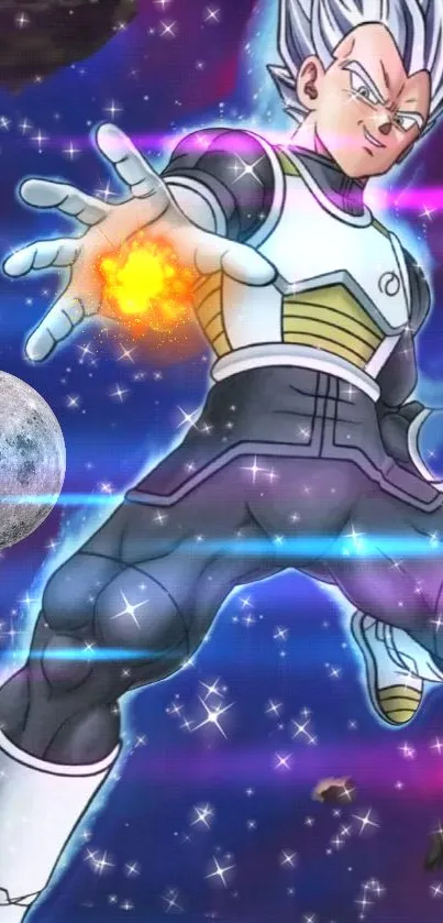 Epic anime warrior in cosmic space with vibrant energy burst.