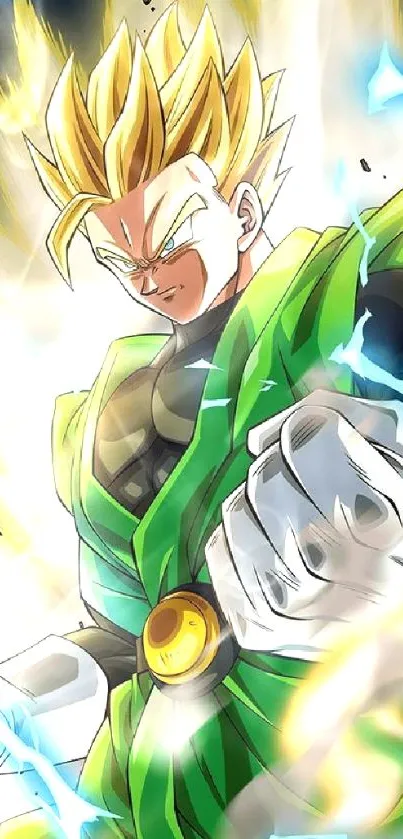 Anime warrior with lightning power and green suit in action pose.