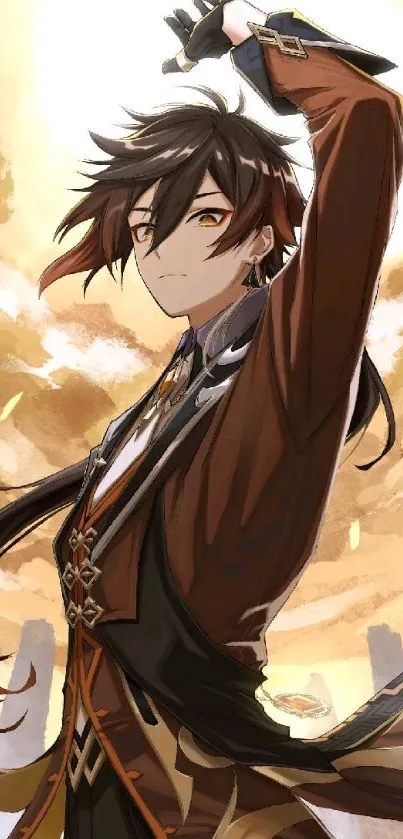 Anime warrior with dynamic background.