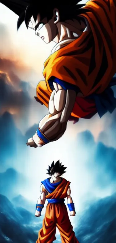 Dynamic anime warrior in orange attire against a dramatic backdrop.