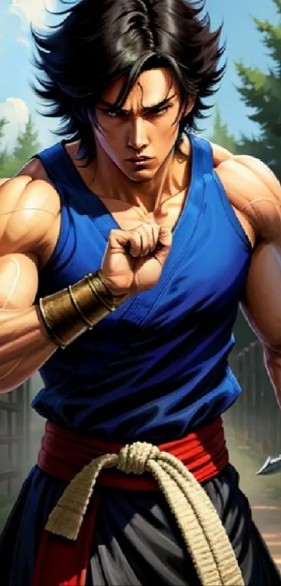 Epic anime warrior in blue attire with muscular build.