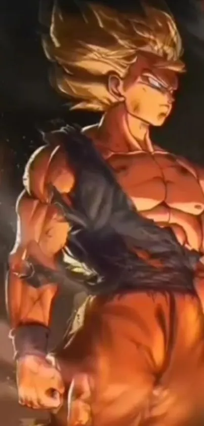 Anime warrior with muscular build and intense orange glow.