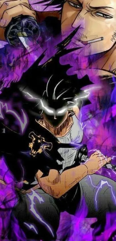 Anime warrior in an action-themed purple and black wallpaper.