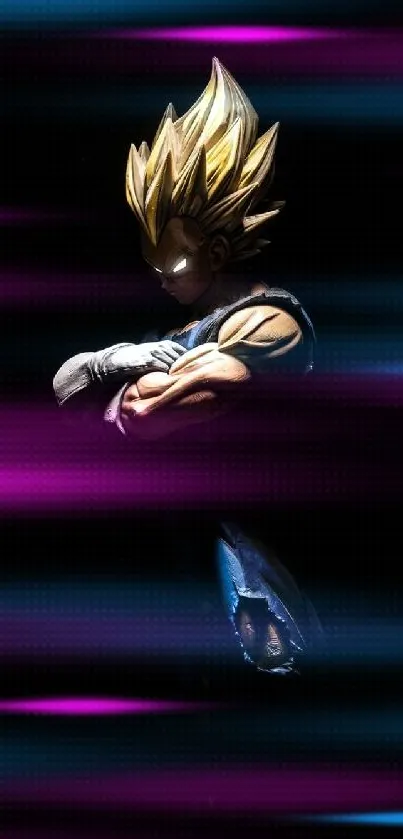 Epic anime warrior with blonde hair in strong pose on black background.