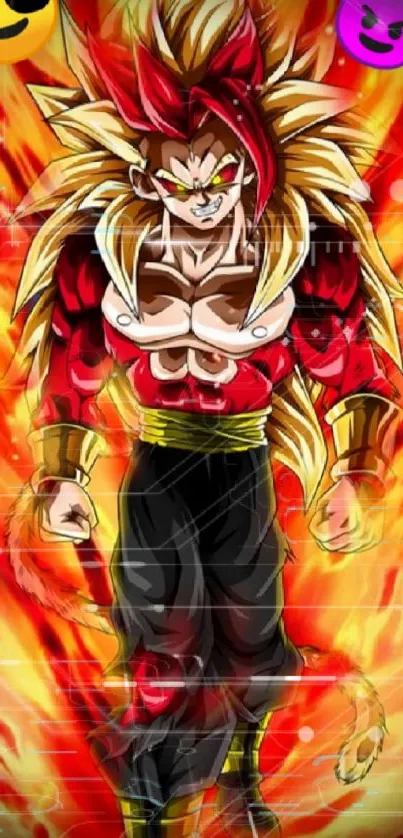 Anime warrior in fiery dynamic colors with emojis.