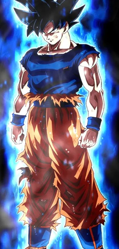 Anime warrior engulfed in blue energy on a dynamic mobile wallpaper.