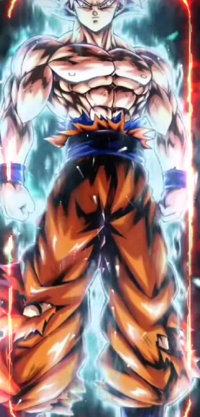 Anime warrior with glowing aura in orange pants on a dark background.