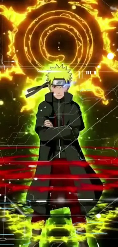 Anime warrior in black coat glowing with neon yellow energy.