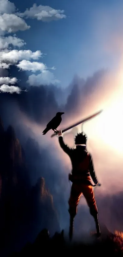 Anime warrior with sword under dramatic sky, dark blue tones.