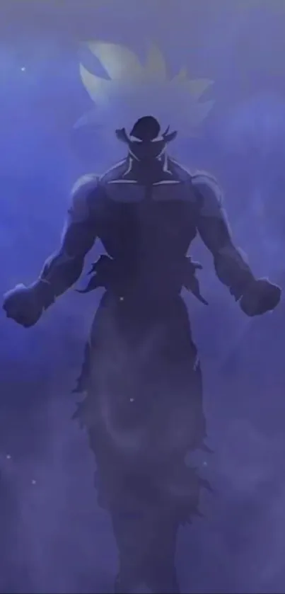 Silhouette of an anime warrior in blue smoke background.