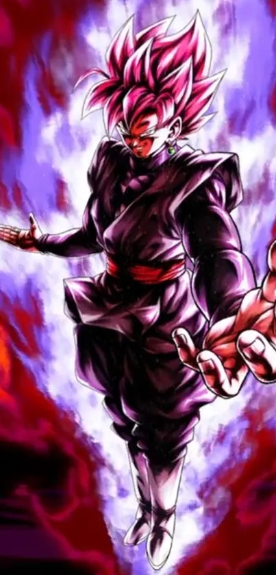 Anime warrior with intense aura and vibrant purple hues.