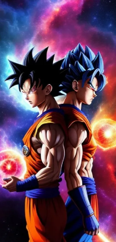 Two powerful anime warriors with cosmic energy in vibrant space background.