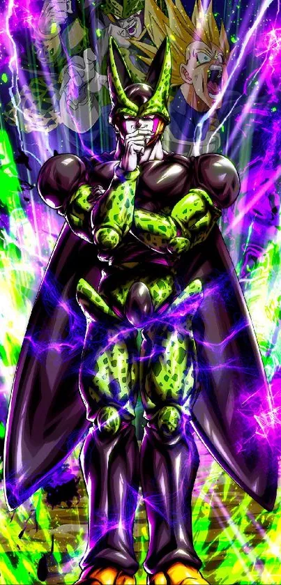 Anime warrior emanating energy with vibrant greens and purples.