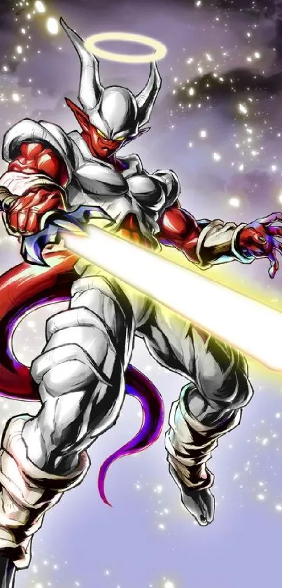 Anime warrior with glowing sword in cosmic setting.