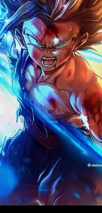 Epic anime warrior with blue energy and intense expression.