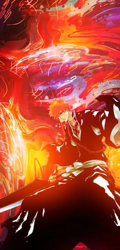 Anime warrior engulfed in fiery energy on colorful wallpaper.