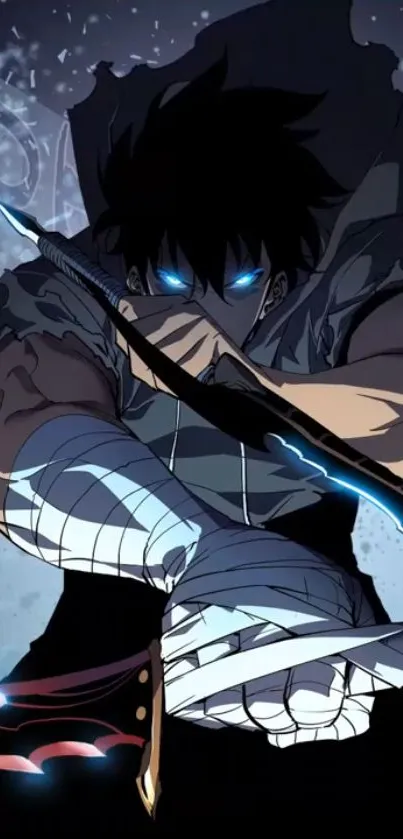 Epic anime warrior with glowing blue eyes and sword, dark background.