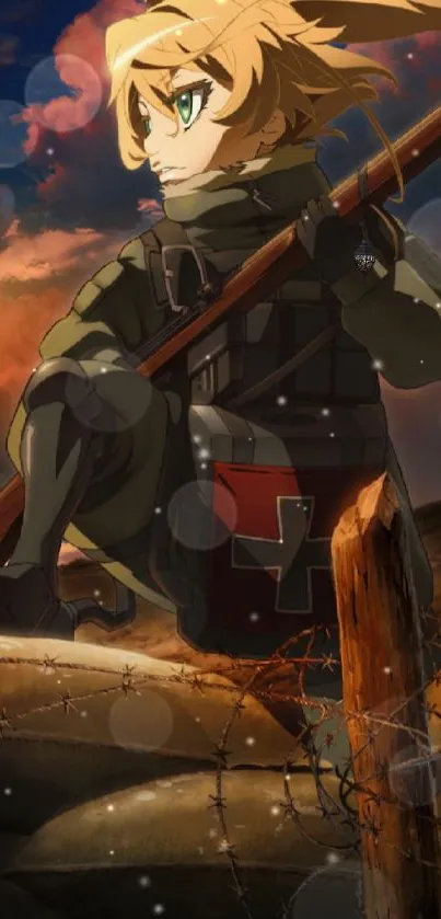 Anime warrior with rifle at sunset in dynamic pose.