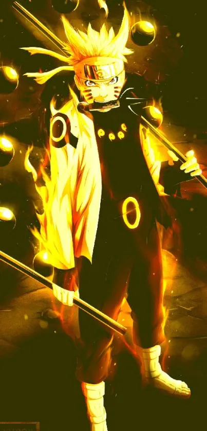 Anime warrior glowing with fiery energy.
