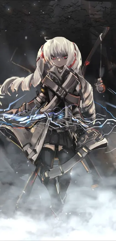 Anime warrior with electrifying lightning energy and dark dynamic background.