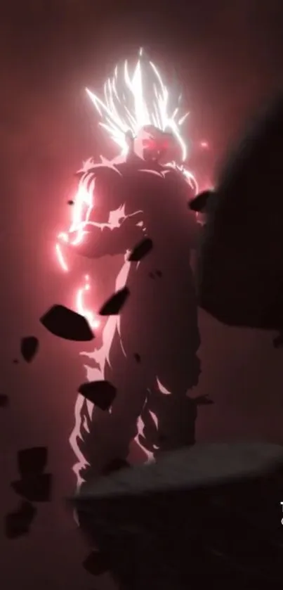 Anime warrior with glowing aura in dramatic lighting.