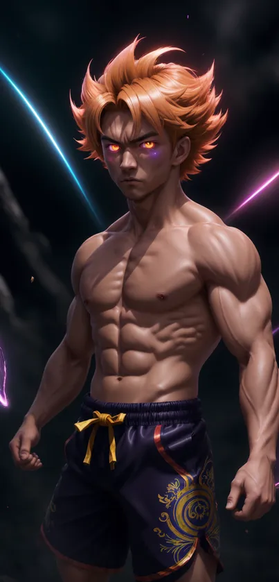 Anime warrior with glowing eyes and muscular physique on a dark background.