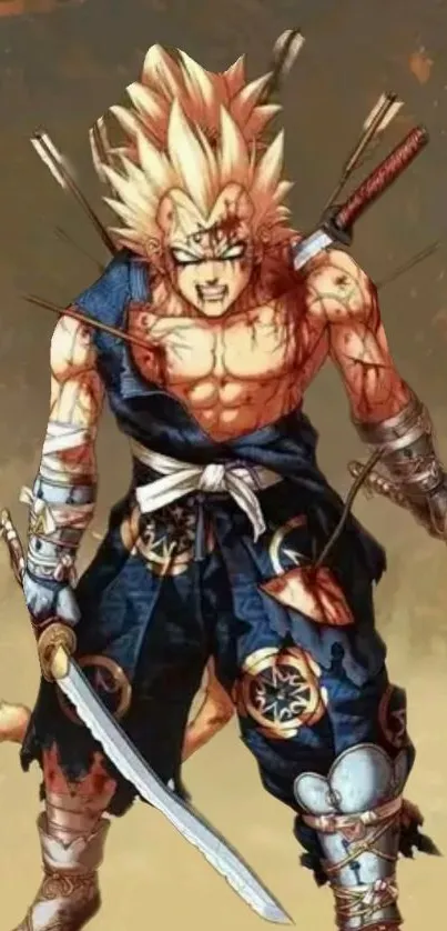 Epic anime warrior with swords and fierce expression in battle stance.