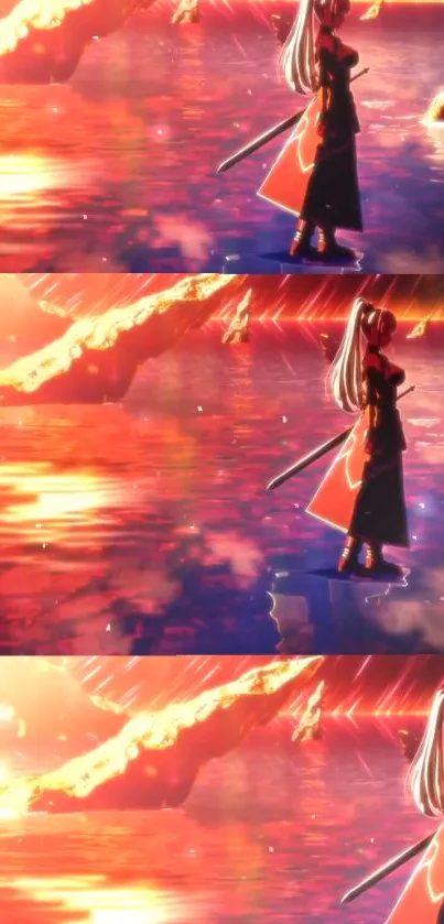 Anime samurai warrior against a fiery sunset over water.