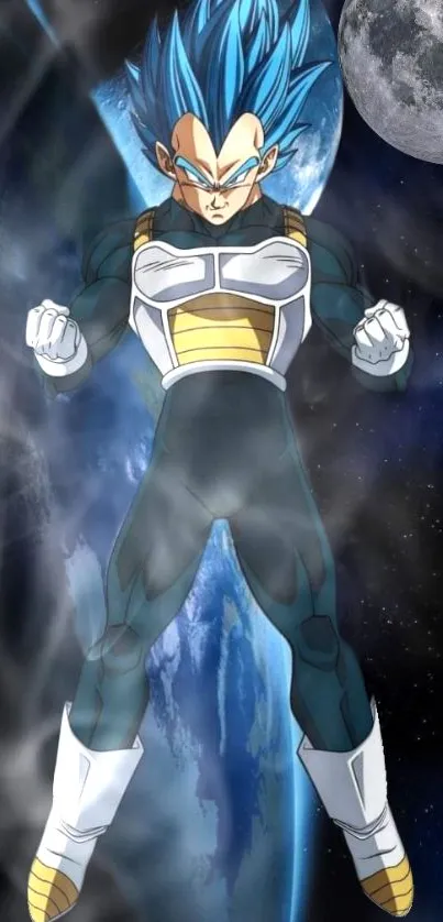 Epic anime character with blue hair in a dynamic pose with a cosmic background.