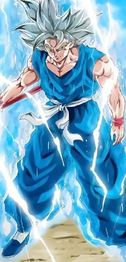 Anime warrior surrounded by lightning energy in a vibrant scene.