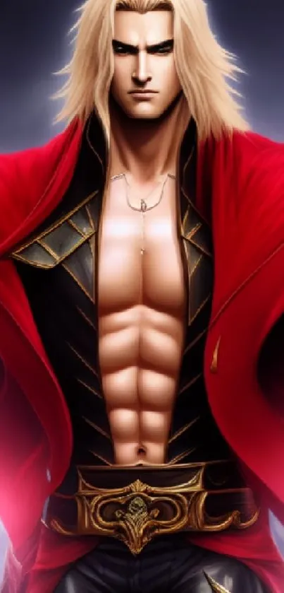 Epic anime warrior with red cloak and muscular build in striking pose.