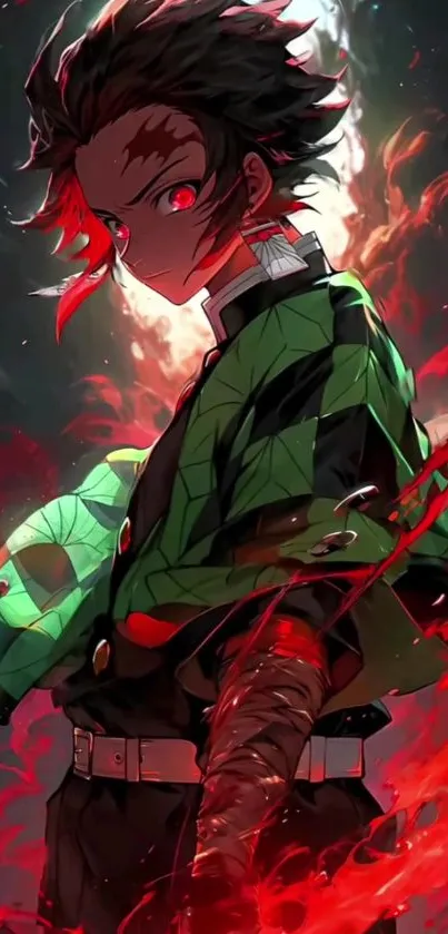 Epic anime warrior with green cloak and red flames.