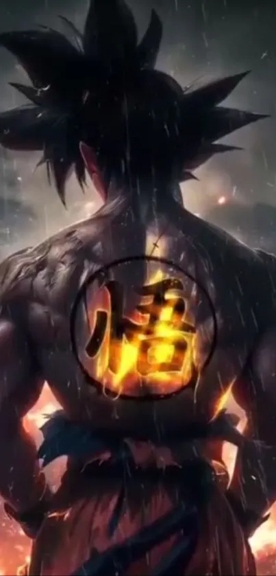 Epic anime warrior standing in rain with glowing symbol on back.