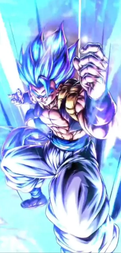 Anime warrior with blue energy radiating power.