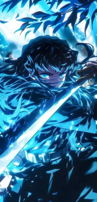 Epic anime warrior with a glowing sword in blue tones.