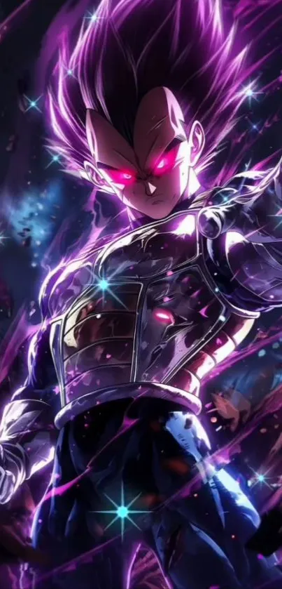 Anime warrior with purple aura, intense gaze.