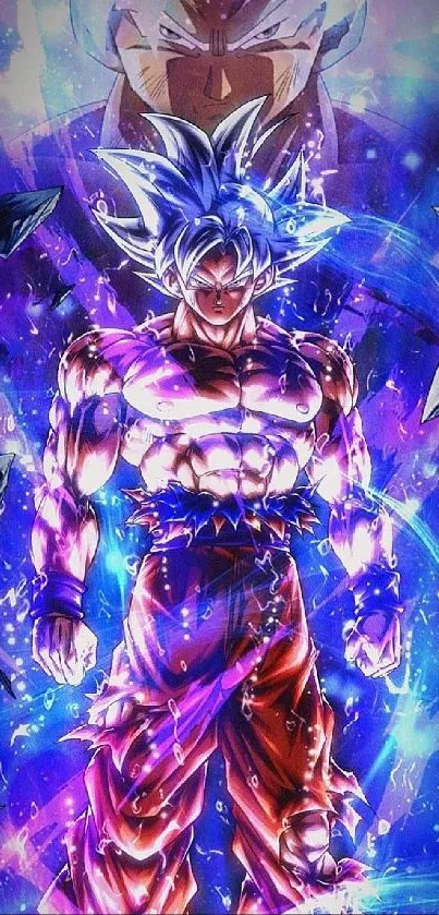 Anime warrior with vibrant energy in blue and purple hues.